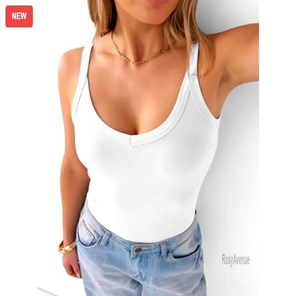 Ribbed V Neck Tank Top Women's Slim Fit Camisole Rayon Spaghetti Strap - Picture 6 of 8